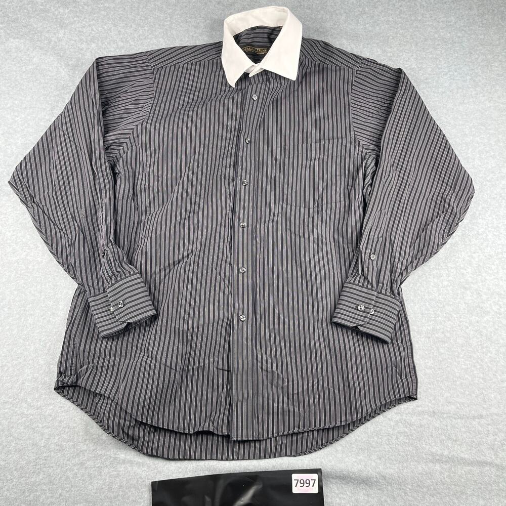 Donald Trump Shirt 16 Black Gray Striped White Collar Button Up Long Sleeve Mens